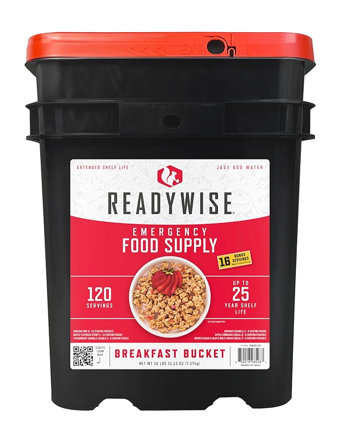 ReadyWise 非常食 – 120食分 朝食バケツ、フリーズドライ＆乾燥食品、バックパッキング、キャンプ用品、備蓄用品に最適なサバイバル食料キット、最長25年の保存期間