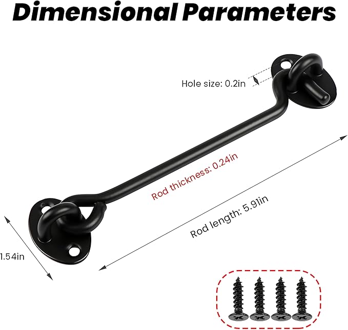 2 Pack 6'' Door Latch Door Lock Hardware, 6'' Hook and Eye Gate Latch Easy Lock for Barn Door, Black Sliding Door Lock with Screws for Window, Cabin Hooks