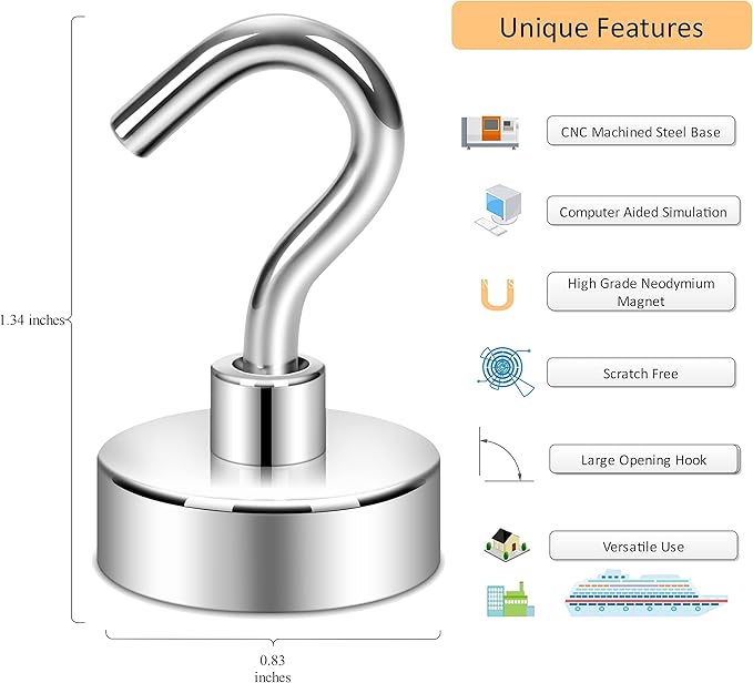 Neosmuk Magnetic Hooks, Heavy Duty 30lb+ Strong Magnet Hook for Cruise Cabins, Cruise Ship Essentials for Hanging, Metal Wall Refrigerator Hangers (Silver, 10 Pack)