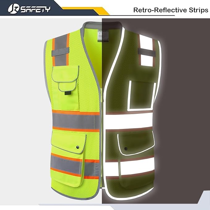 JKSafety 9 Pockets Hi-Vis Safety Vest Breathable Mesh Fabric Cushioned Collar Work Utility PPE Lightweight Industrial Work Gear ANSI/ISEA compliant (101-Yellow S)