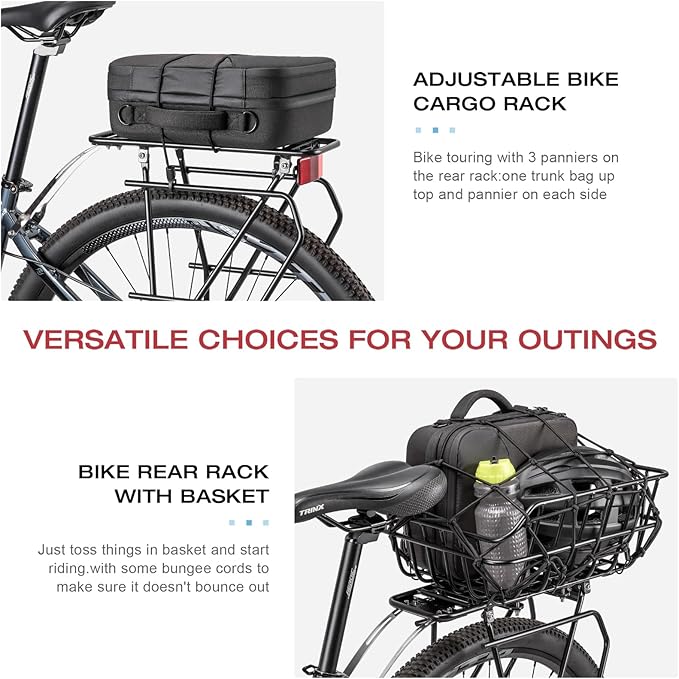 CXWXC Rear Bike Rack with Basket - Bike Cargo Rack for Disc Brake/Non-Disc Brake Mount - Bicycle Pannier Rack, Touring Carrier Rack fit 26”-29” and 700c