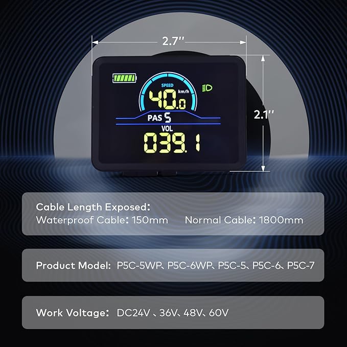 Ebike Display P5C, UART No. 2 Protocol, 24V-60V ABS Colorful Cycling Computer Left-Side Ebike Controller, Ebike LCD Display to Enrich Cycling Journey