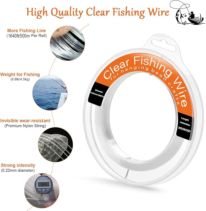 Clear Fishing Line Wire 755 ft, Invisible Monofilament Fishing Line Wire, Nylon String for Hanging Balloons Garland Crafts Picture Decorations, Clear String Threads Cords WUINOID