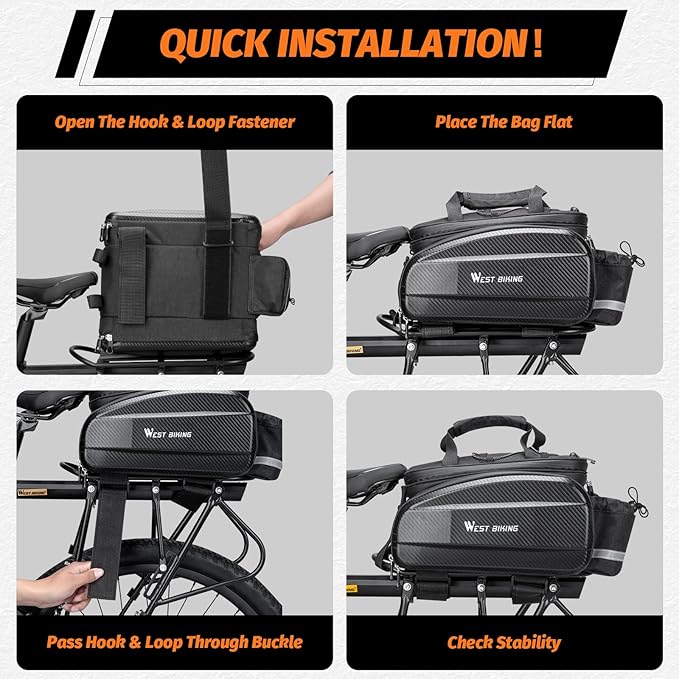West Biking Waterproof Hard Shell Bike Rear Rack Bag 31L Capacity EVA Bicycle Trunk Pannier Bag for Commuting Touring Mountain Road E-Bike with Rain Cover (Black-3: 31L capacity)