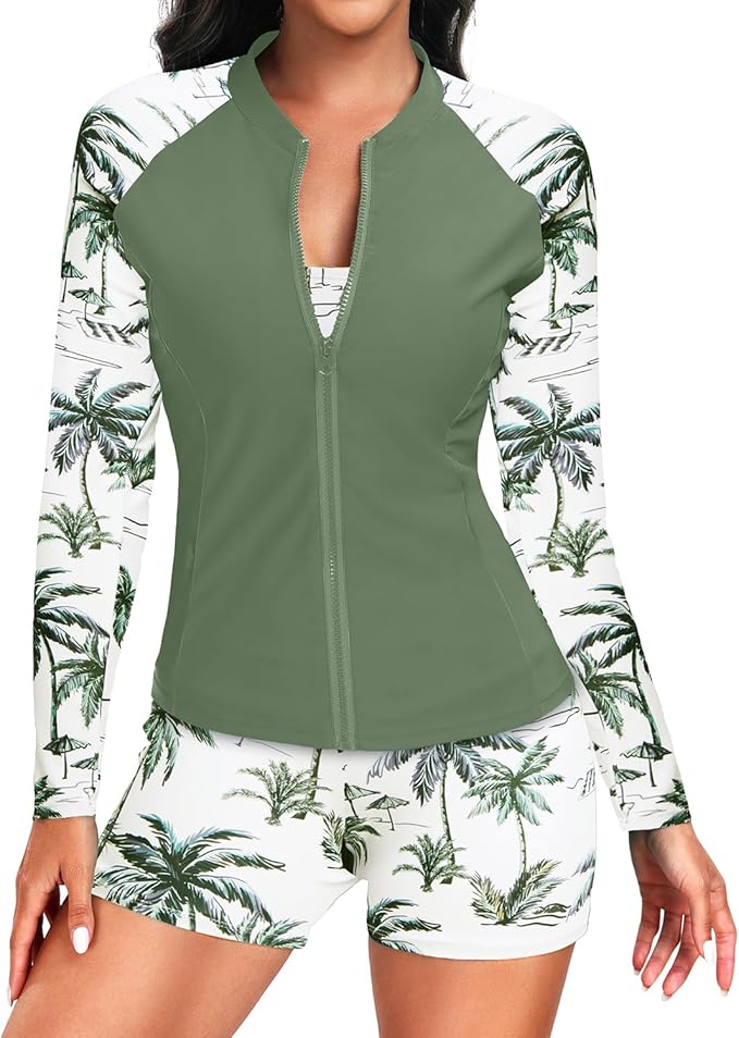 Holipick レディース長袖水着 - 3ピースラッシュガード ショートパンツ付き ジッパー付きSPFスイムシャツ ブラ内蔵