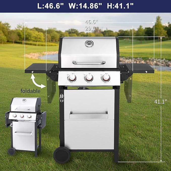 3-Burner Propane Gas Grill, 30,000 BTU Outdoor BBQ Grill with Double-Layer Stainless Lid & Cast Iron Grates, Easy-Clean System for Even Heat, Foldable Side Shelves