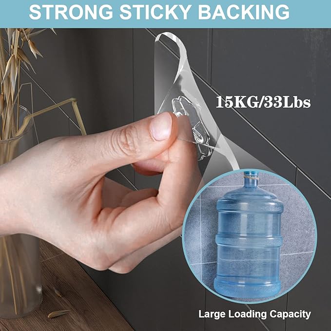Wall Hooks - 33 lbs Max, Transparent, Seamless, Waterproof & Oilproof - Heavy Duty Adhesive Coat & Towel Hooks(20 Pack)