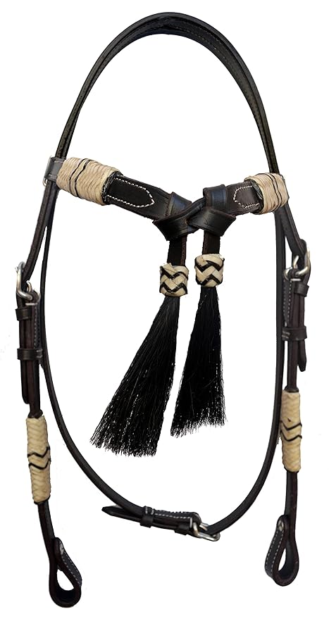 Western Horse Headstall Standard Size – Adjustable Hand Braided Genuine Leather Bridle with Brown Rawhide Knotting Futurity Knot Black Color Hair Tassels, Western Riding Tack, Dark Brown (Full Size)
