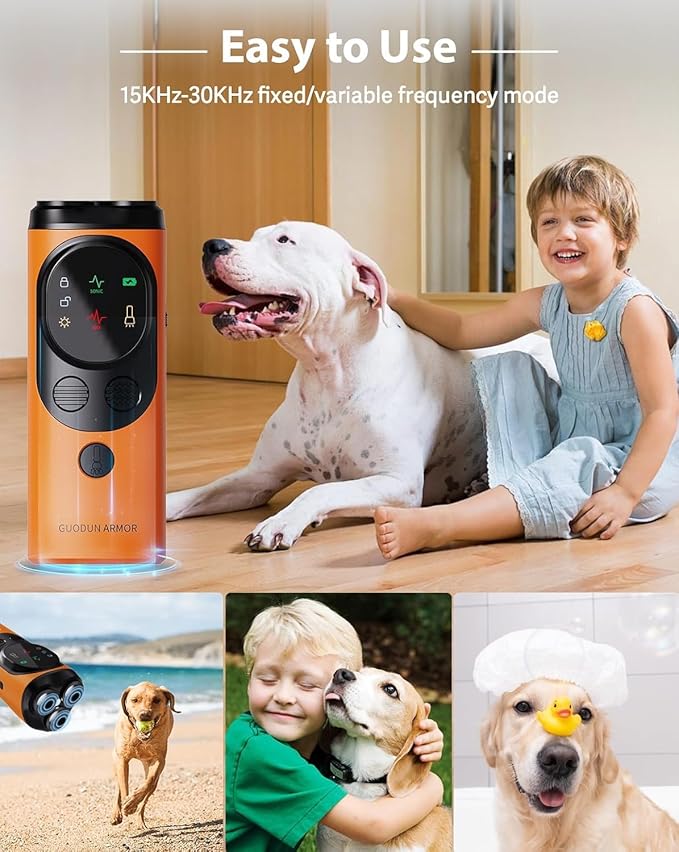 Anti Barking Device for Dogs, 3X Ultrasonic Dog Bark Deterrent Device with Training Modes Stop Neighbors Dog Barks, Portable Dog Training Tool with Flashlight Indoor Outdoor Use, Orange, Black