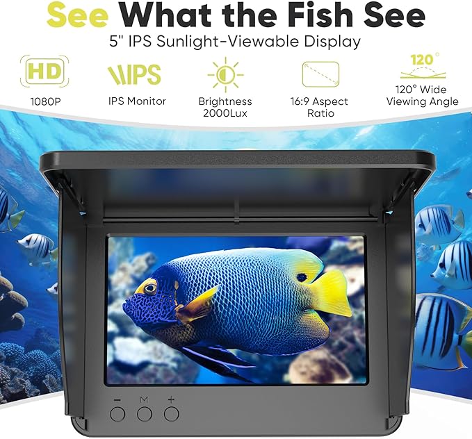 5インチIPSモニター付き水中釣りカメラ、1000TVL、178°広角、IP68防水、12個のIRナイトビジョン、98フィートケーブル、8000mAhバッテリー—氷上、湖、川、ボート用の魚群探知ビデオシステム