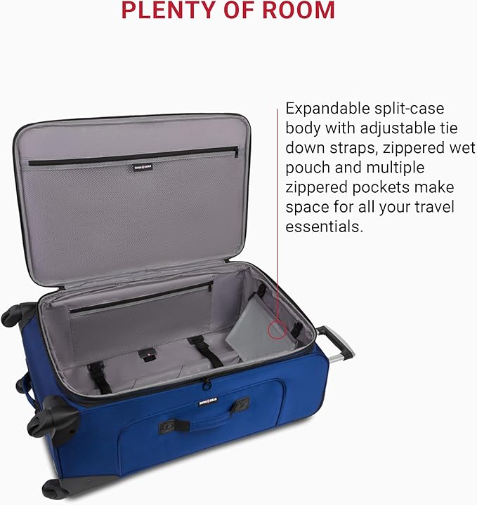 SwissGear Sion Softside Expandable Luggage – Large Checked Suitcase with 360 Degree Wheels & Retractable Handle – 29 Inch, Perfect for 7-9 Night Trips – Blue