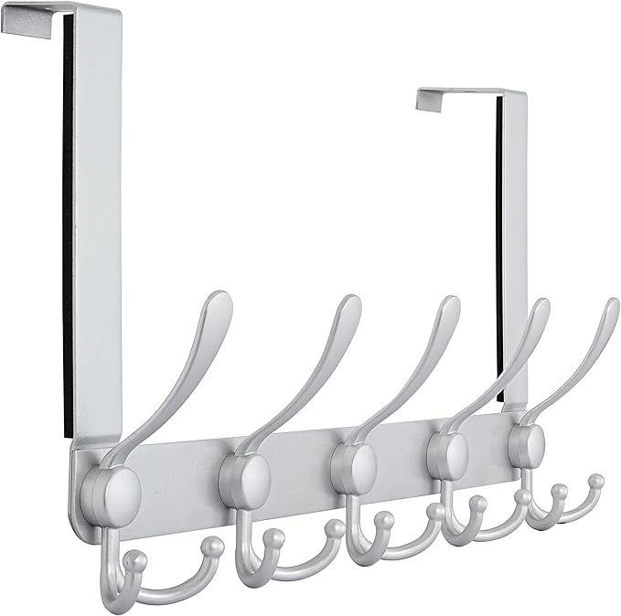 Dseap Over The Door Hook Hanger - Fits 1 3/8" to 1 3/4" Standard Doors | 5 Tri Hooks Heavy Duty Towel/Coat Rack | Door Organizer for Clothes, Jackets, Hats, Towels, Silver
