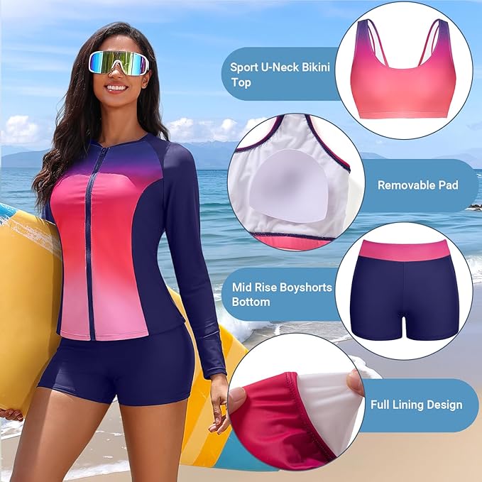 Holipick Long Sleeve Swimsuits for Women - 3 Piece Rash Guard with Shorts Zipper SPF Swim Shirt with Built in Bra