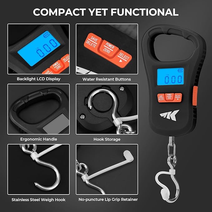 KastKing ToughTide Fishing Scale, USB Charging, 65lb Capacity, Ultra-Thin Digital Fish Scale, LCD Display, Ergonomic Handle, Fish Scales Digital Weight, Fishing Accessories for Men