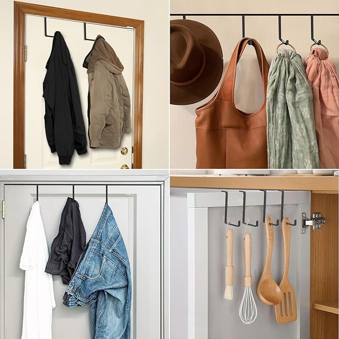 Unjumbly Over The Door Hook- 4 Pack Sturdy Metal Over Door Hook, Fitting Two Sized Doors, Door Hangers and Over The Door Hooks for Hanging Clothes, Towels, Coats and More (Black)