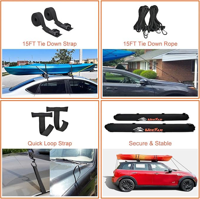 MeeFar Universal Car Soft Roof Rack Pads Luggage Carrier Rack for Kayak Surfboard SUP Canoe Include 2 Heavy Duty Tie Down Straps, 2 Tie Down Rope, 2 Quick Loop Strap