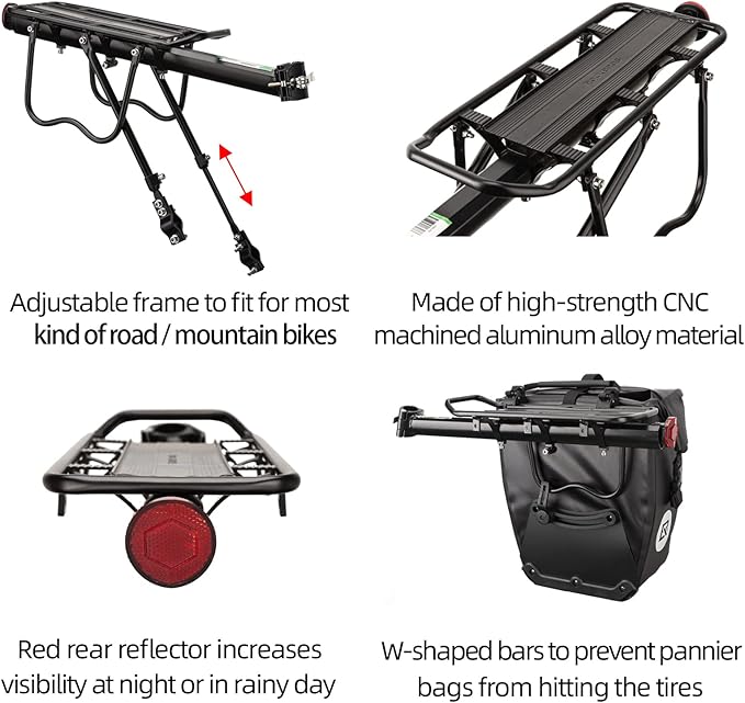 ROCKBROS Rear Bike Rack Bike Cargo Rack Adjustable Bicycle Luggage Carrier Rack Rear Quick Release Mountain Bike Pannier Rack with Elastic Band and Reflector, Most 165 lbs Capacity