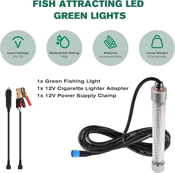 Underwater Fishing Light 12V / 110V Fish Attracting Light for Boat Docks Kayaks at Night, Submersible Green Light for Crappie Snook Squid Bait Catfish (16.4ft / 33ft Cable)