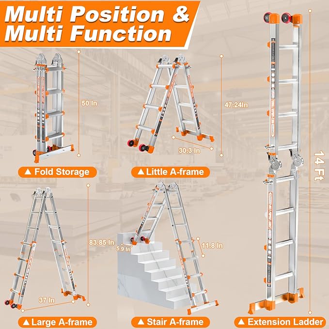 Telescoping A-Frame Ladder- 14FT Folding Extension Ladder with Wheels & Stabilizer Bar, 330lb Security Load Multi Position Ladders for Stairs Home Indoor Outdoor Roof