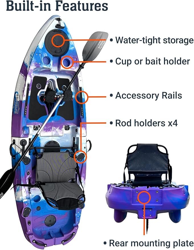Brooklyn 8.0 Foldable Pedal Fishing Kayak by BKC, Compact Sit-on-Top Single Kayak with Pedal Drive, Sturdy Aluminum Seat, Rudder Steering, Storage