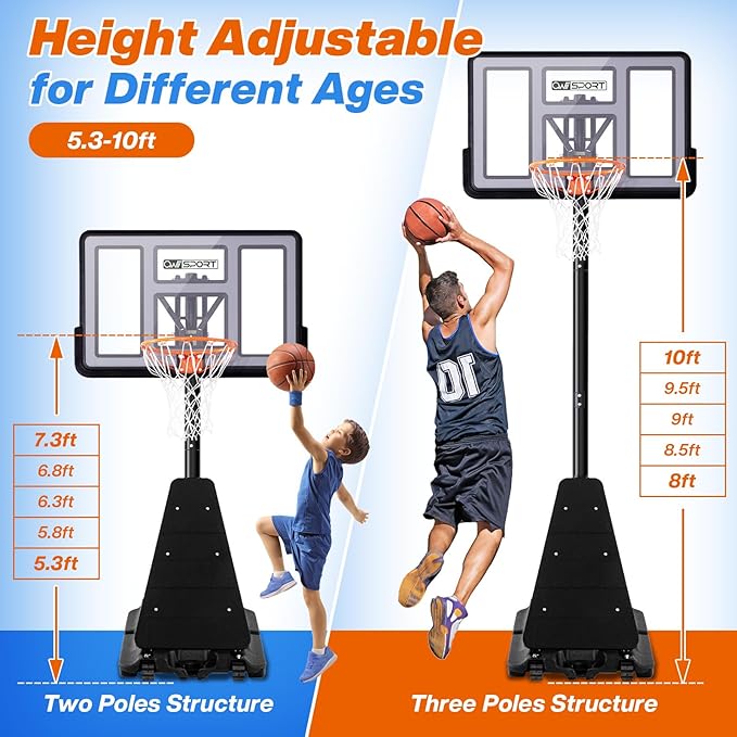 Basketball Hoop Outdoor 44&48 Inch Impact Backboard, 5.3-10FT Height Adjustable Basketball Hoop Goal System with Portable Wheels for Adults