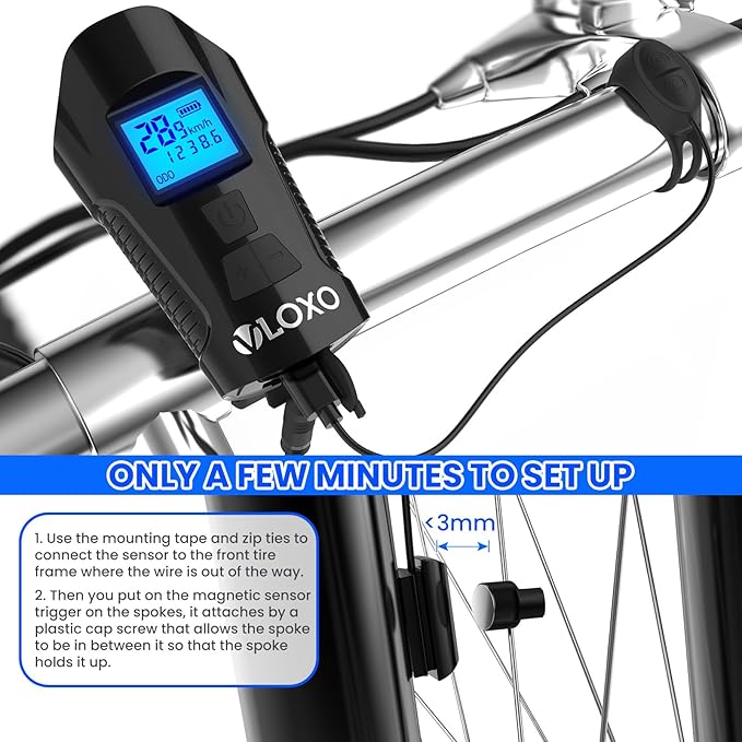 VLOXO Bike Speedometer with LED Bike Light, IP65 Waterproof Bicycle Odometer with Horn LED Front & Tail Light USB Rechargeable Bicycle Computer