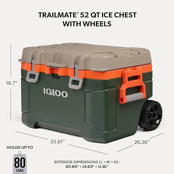 Igloo Trailmate 52Qt 車輪付きクーラー、断熱ハードシェルアイスチェスト、スポーツマン