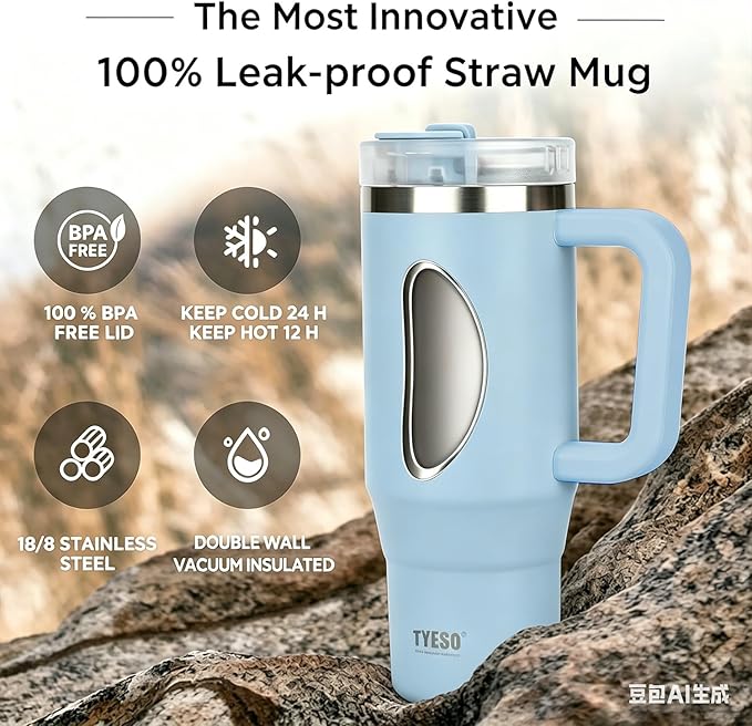 TYESO Vacuum Insulated Tumbler Water Bottle Cold Insulation Stainless Steel Bottle Straw Handle Mug Double Wall Wide Mouth (SKY BLUE, 40 oz)