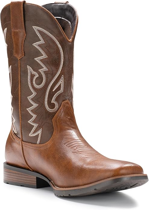 IUV Cowboy Boots For Men with Wide Square Toe Western Retro Boot Durable Classic Fashionable Embroidered Pull On Slip Resistant Boots