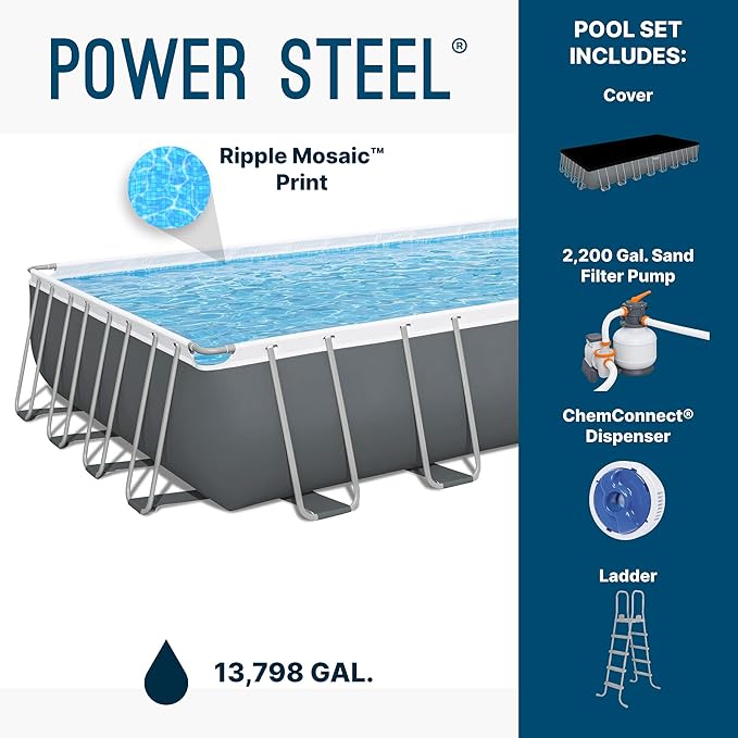 Bestway Power Steel 31フィート4インチ x 16フィート x 52インチ 地上設置型プール、長方形メタルフレーム屋外スイミングプールセット（サンドフィルターポンプ、はしご、カバー付き）