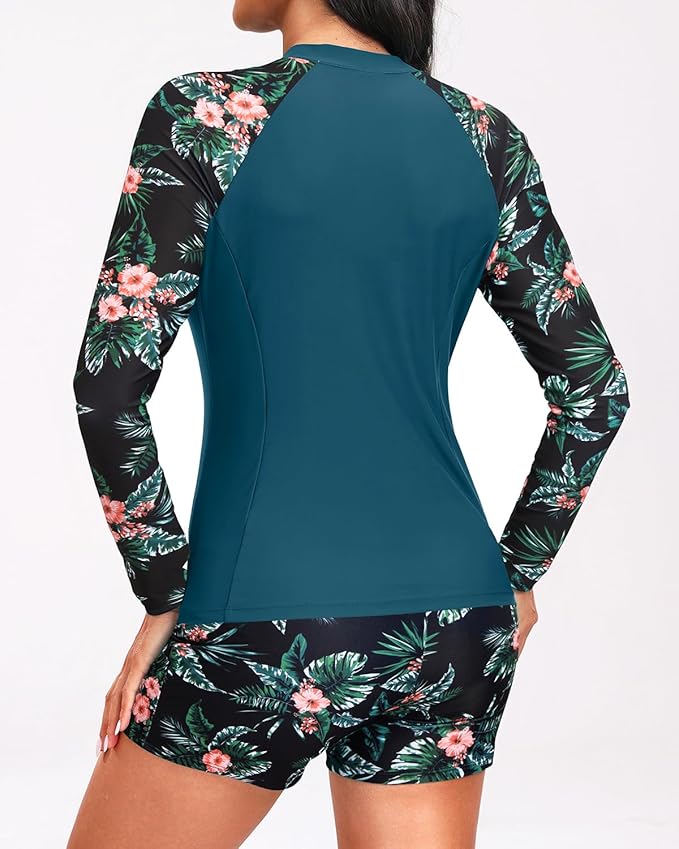 Holipick レディース長袖水着 - 3ピースラッシュガード ショートパンツ付き ジッパー付きSPFスイムシャツ ブラ内蔵