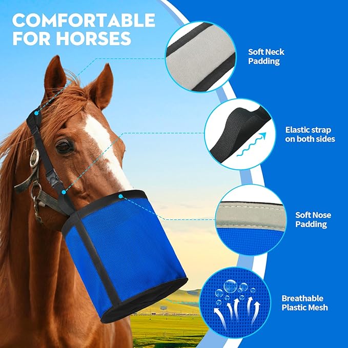 Horse Feed Bag for Grain, Breathable Mesh Feed Bags for Horses, Muzzle Feedbag for Feeding Grain, Anti-Spill Design Feeder, Soft Neck Pad Nose Pad, Universal Fit (Blue Pack of 1)