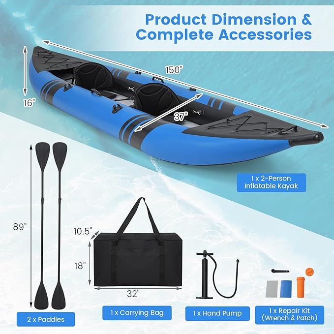 GYMAX Inflatable Kayak, 12.5Ft 507lbs Tandem Kayak with 2 Aluminum Paddles, 2 Padded Seats, Footrests, 2 Fins, Hand Pump, Carry Bag & Repair Kit, 2 Person Fishing Touring Kayak for Adults