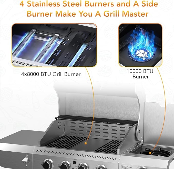 G41 Pro バーベキューグリル、高耐久ステンレス製ガスグリル、サイドバーナー付き4バーナーガスグリル、屋外調理、バーベキュー、庭、裏庭用42000 BTUプロパングリル