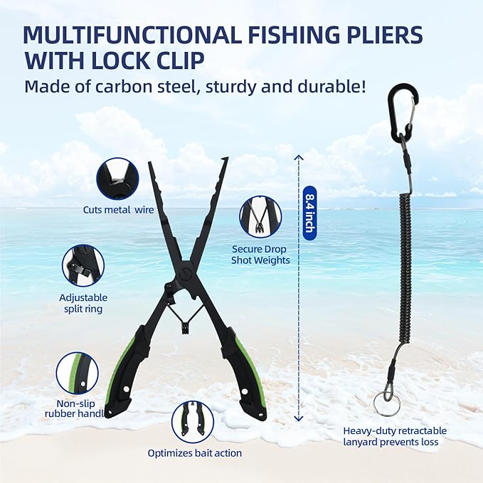RAWILL Fishing Kit,Filleting Knife,Hook Remover,Fish Grip, Line Cutter,Fishing Scale, Pliers with Lanyards,Not Include Batteries
