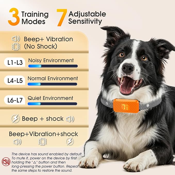 Dog Bark Collar for Large Medium Small Dogs, Effective No-Bark Collar, Smart Barking Collar, Rechargeable Bark Collar with 7 Sensitivity, 3 Modes, Waterproof,Orange