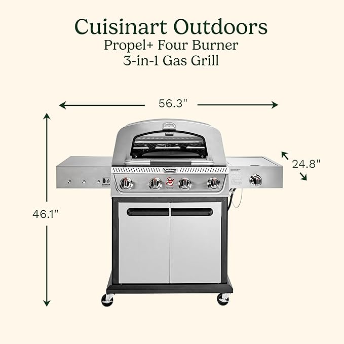 Cuisinart Propel+ 4-Burner 3-in-1 Gas Grill, Stainless Steel Versatile Grill, Griddle & Pizza Oven with Pizza Stone, Convertible to Natural Gas, Side Burner & Integrated Storage, Perfect for BBQs