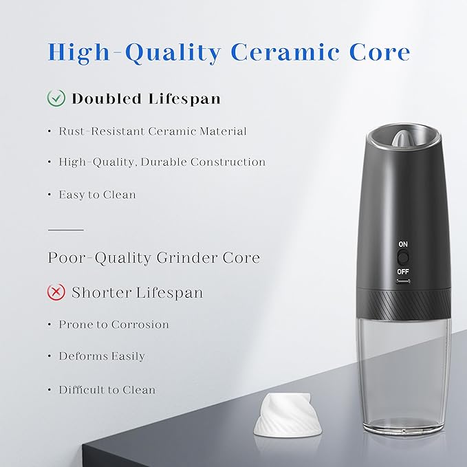 Rechargeable Salt And Pepper Grinder Set, Gravity Electric Salt And Pepper Grinder Set Electric, Salt And Pepper Shakers Set Electric, Adjustable Coarseness, LED Light, (Black+Black)