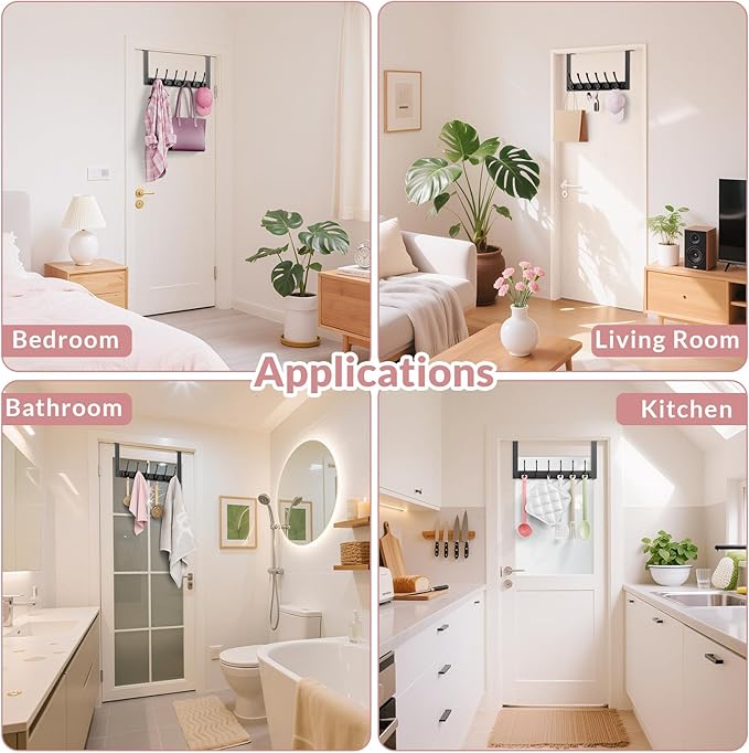 BAKON 2 Packs Over The Door Towel Rack with 6 Hooks, Heavy Duty Over Door Hooks for Hanging Clothes Coat Hat Jacket, Door Hanger Home Organizer for Bathroom Closet Bedroom Kitchen