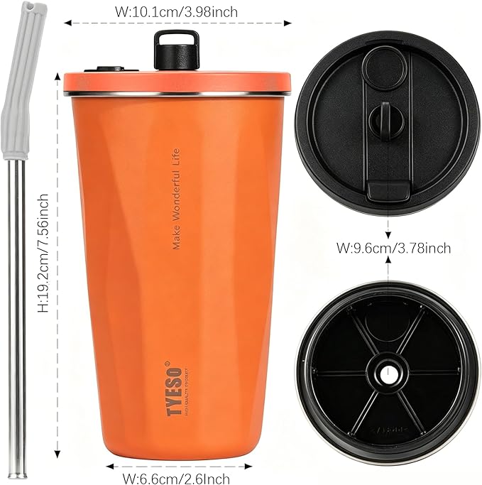 TYESO Stainless Steel Tumbler with straw inside Stainless steel wide-mouth vacuum insulation home office outdoor multi-color thermal and cold insulation cover with 20oz (Orange, 20 oz)