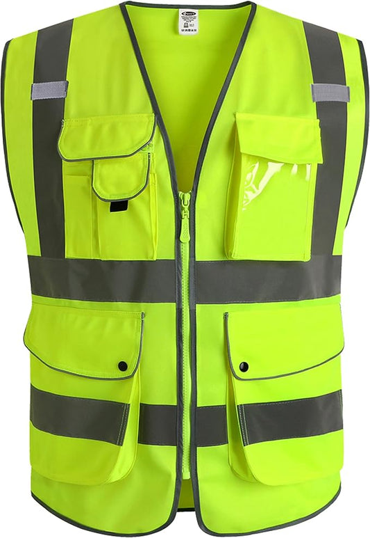 JKSafety 9 Pockets Class 2 High Visibility Zipper Front Safety Vest With Reflective Strips, Yellow Meets ANSI/ISEA Standards (3X-Large-150-Yellow)