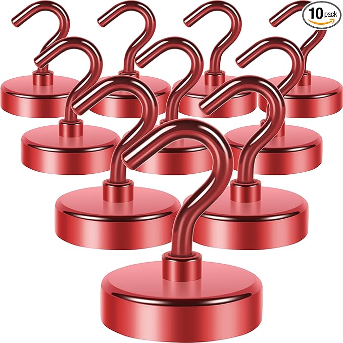 Neosmuk Magnetic Hooks, Heavy Duty 85lb+ Strong Magnet Hook for Cruise Cabins, Cruise Ship Essentials for Hanging, Metal Wall Refrigerator Hangers (Red, 10 Pack)