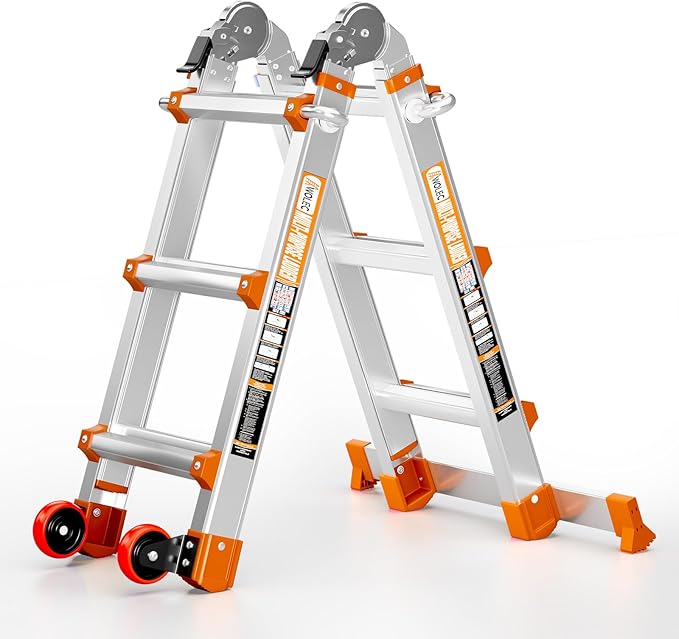 Telescoping A-Frame Ladder- 11FT Folding Extension Ladder with Wheels & Stabilizer Bar, 330lb Security Load Multi Position Ladders for Stairs Home Indoor Outdoor Roof