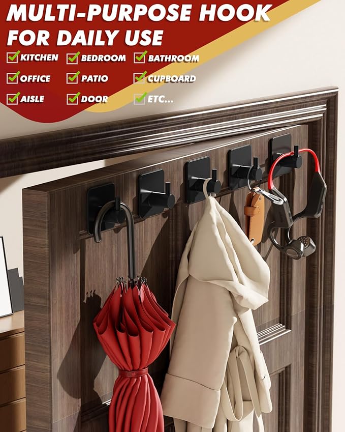 Auxmir Adhesive Hooks Heavy Duty 22lb(Max) Towel Hooks for Shower, 5 Pack Self Adhesive Damage Free Wall Hooks, Stainless Steel for Coat Robe, Waterproof Oilproof Rustproof for Bathroom Kitchen Office