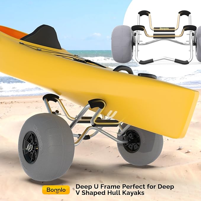 Bonnlo Kayak Cart Trolley Canoe Paddle Board Boat Cart Carrier Dolly with 12" Big Beach Wheels Balloon Kayak Transport Wheels Cart Foldable, Free Pump, 2 Ratchet Straps- Perfect for Soft Sand