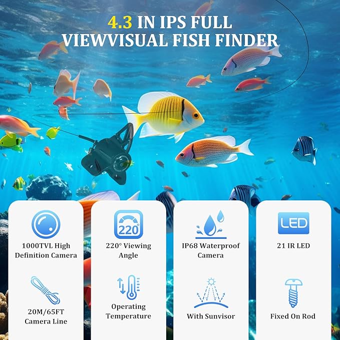 Underwater Fishing Camera, 4.3 Inch LCD, Infrared Night Vision, Wide Angle IP68 Waterproof Portable Fish Camera for Ice, Lake, Boat & Kayak Fishing (Gold)