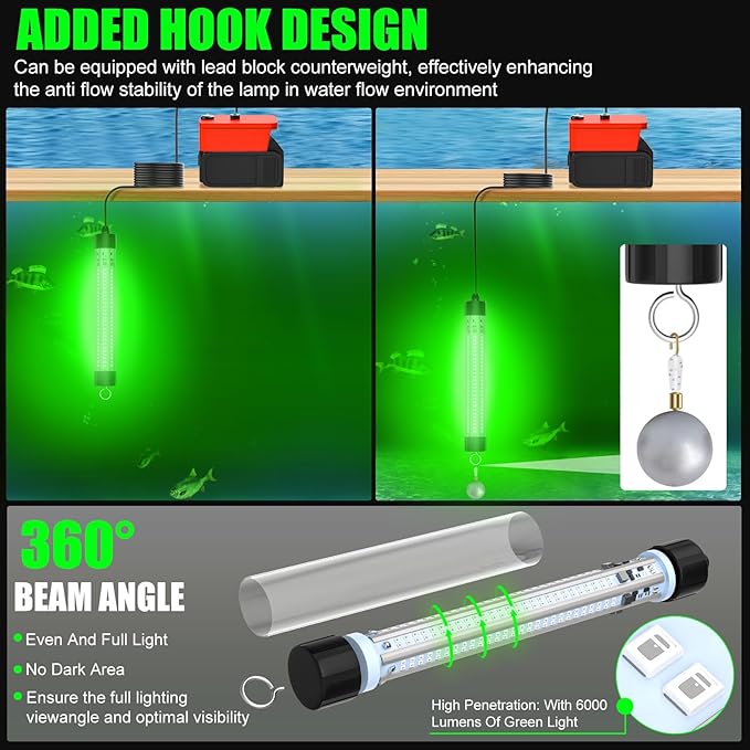 Underwater Fishing Light Compatible for Milwaukee 18V Battery，LED Green Light for 60W IP68 6000 Lumens Fish Attracting, Night Fishing for Docks Boats or Kayaks(no Battery)