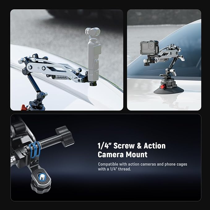 NEEWER Vacuum Suction Cup Car Mount for Action Camera with Hydraulic Boom Arm, NATO Rail, Compatible with DJI Osmo Pocket 3 Insts360 X5 X4 X3 Hero Adapter Holder, 18oz/500g Max Load, GA022