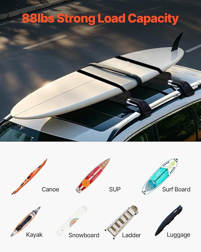 VEVOR Soft Roof Rack Pads, 28" Universal Car Roof Rack Pads for Various Crossbars, 88LBS Load Capacity Luggage Kayak Carrier with 2 Tie Down Straps & Velcros for SUPs Canoes Snowboards Paddle Boards
