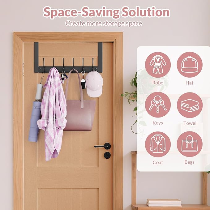 BAKON 2 Packs Over The Door Towel Rack with 6 Hooks, Heavy Duty Over Door Hooks for Hanging Clothes Coat Hat Jacket, Door Hanger Home Organizer for Bathroom Closet Bedroom Kitchen